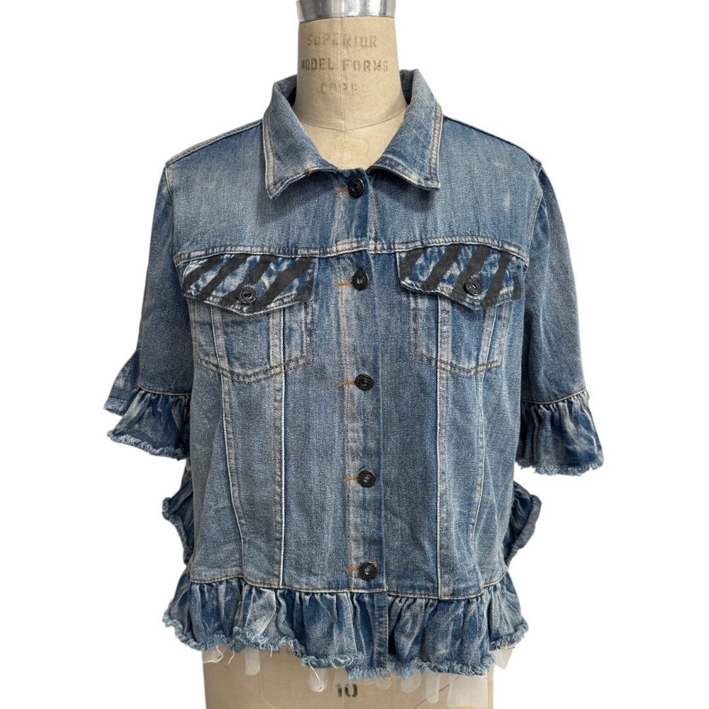 Wren + Glory Painted Denim Jacket Tulle Trim Ruffle Sleeve Art Graphic One Size - Picture 2 of 9